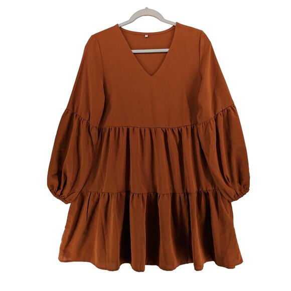 Bohemian‎ Tiered Sundress S Burnt Orange ALine Mini Long Sleeve VNeck Festival - Picture 1 of 8